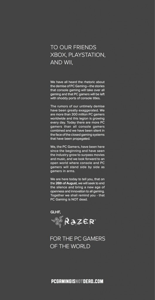 Razer défie les fabricants de consoles avec une pub dans le Wall Street journal