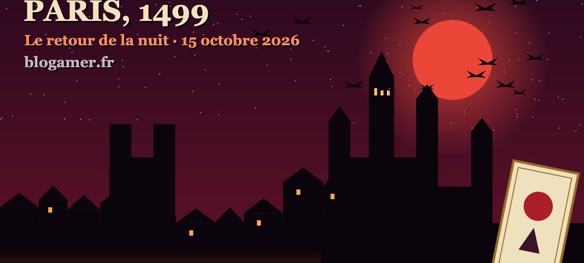 Illustration Castlevania Belmont's Curse : Paris 1499, château gothique sous une lune rouge et carte de tarot Arcana